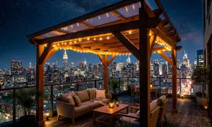 Terraza con pérgola fotovoltaica, muebles de exterior y vistas nocturnas de la ciudad.