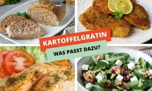 Vier Bilder zeigen verschiedene Gerichte: Hackbraten, paniertes Schnitzel, Lachsfilet und Salat. Perfekt für Kartoffeln Rezepte!