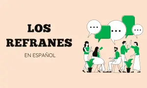 Ilustración de personas conversando bajo globos de diálogo, con el texto "Los refranes en español".