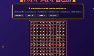 Sopa de letras infantil de Halloween con palabras como fantasma, bruja y dulces. ¡A buscar!
