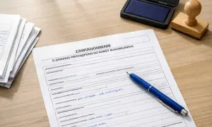 Formularz zawiadomienia o robotach budowlanych, długopis i pieczątka. Brak zgłoszenia rozpoczęcia budowy może skutkować karą.