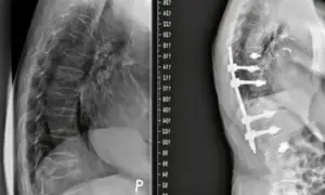 Rentgen kręgosłupa przed i po stabilizacji implantami.