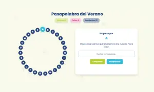 Juego "Pasapalabra del Verano". La letra A está seleccionada, la pista es "Objeto que usamos para hacernos aire cuando hace calor".