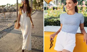 Letnia stylizacja na grilla: zwiewna biała sukienka i słomkowy kapelusz lub białe szorty z t-shirtem w paski.