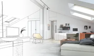 Idee per una camera da letto in mansarda: un ambiente moderno con scrivania, divano e lucernari.
