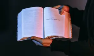 Otwarta księga z napisem "El Nuevo Testamento". W rękach trzymających ją można rozpoznać autor dziejów apostolskich.