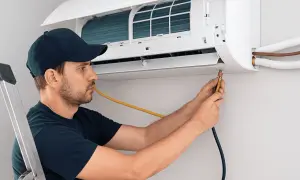 Técnico instalando aire acondicionado, conectando manguera amarilla a la unidad interior.
