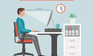 Illustration d'un aménagement de poste médecine du travail, montrant les angles idéaux pour une bonne posture assise devant un ordinateur.