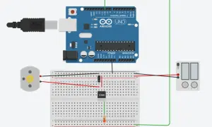 Układ Arduino z silnikiem, tranzystorem MOSFET i zasilaczem. Może wystąpić problem, gdy temperatura mosfet za duża.