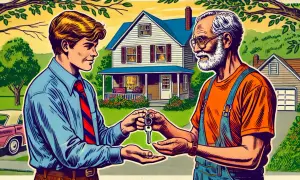Un nonno consegna le chiavi di casa al nipote. Una scena che simboleggia la donazione ai nipoti e non ai figli.