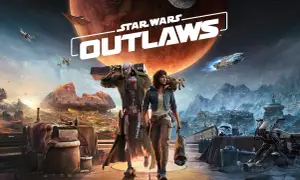 Postapokaliptyczny krajobraz z dwoma postaciami i statkami kosmicznymi w tle, logo Star Wars Outlaws.