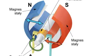 Schemat silnika elektrycznego z magnesami stałymi, wirującym uzwojeniem i komutatorem.