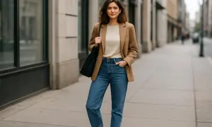 Kobieta w beżowym płaszczu i jeansach, prezentująca casual style. Torba na ramieniu i sneakersy dopełniają stylizację.