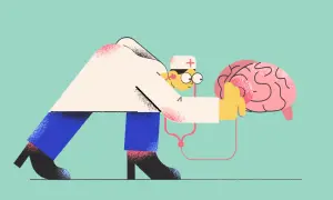 Stylizowany psycholog w białym kitlu bada mózg stetoskopem. Jego praca to troska o umysł.