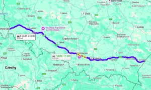 Trasa przez Polskę, od zachodu na wschód, pokazuje najdłuższą autostradę w Polsce. Widoczne miasta to Wrocław, Katowice, Kraków, Rzeszów.