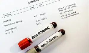 Wyniki badań HOMA-IR wskazują na przekroczenie norm. Dwa probówki z próbkami krwi do analizy HOMA-IR (Insulin) i HOMA-IR (Glucose).