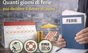 Calendario con giorni segnati, fascicolo "FERIE", salvagente e icone legali: tutto per le ferie e le categorie protette.