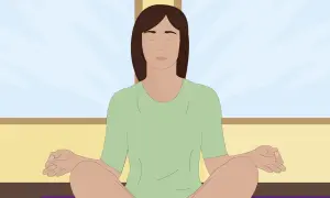 Persona meditando en posición de loto, con los ojos cerrados y las manos en mudra, buscando conectar con el yo superior.