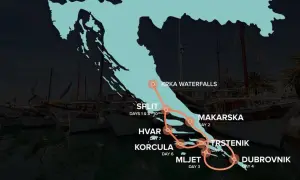 Route einer Kroatien Rundreise 10 Tage: Split, Krka Wasserfälle, Makarska, Trstenik, Mljet, Dubrovnik, Korcula, Hvar.