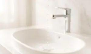 Gocce d'acqua cadono in un lavandino bianco, creando cerchi concentrici. Il rubinetto cromato è sfocato sullo sfondo. La doccia calda abbassa la pressione.