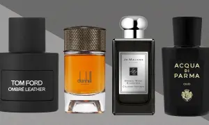 Cztery flakony perfum: Tom Ford Ombré Leather, Dunhill, Jo Malone i Acqua di Parma.