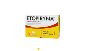 Opakowanie leku Etopiryna, tabletki od bólu głowy, zawiera 30 tabletek.