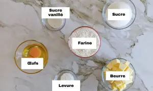 Ingrédients pour une délicieuse pâte sablée : farine, sucre, beurre, œufs, levure et sucre vanillé.