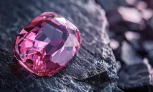 Błyszczący, fasetowany kamień o intensywnym różowym odcieniu, leżący na ciemnej, chropowatej powierzchni. Te różowe minerały przyciągają wzrok swoim blaskiem.