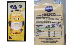 Opakowanie szyneczki z fileta kurczaka, zawiera plastry serdelków. Produkt bezglutenowy, niska zawartość tłuszczu.