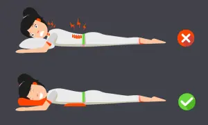 Top image shows pain from sleeping on your stomach. Bottom image shows proper posture with a pillow under hips, avoiding pain.