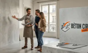 Un expert présente le béton ciré à un couple. Découvrez le prix du béton ciré au m² pour vos projets.