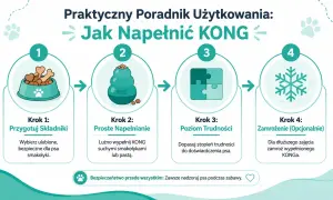 Jak używać KONG dla psa: 1. Przygotuj smakołyki. 2. Luźno wypełnij zabawkę. 3. Dopasuj trudność. 4. Opcjonalnie zamroź.