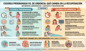 Infografía compara cesárea programada y de urgencia, destacando planificación, impacto emocional y recuperación. La cesárea programada ofrece más preparación.