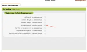 Wybór celu obsługi ubezpieczonego w systemie e-płatnik. Zaznaczono "Wyrejestrowanie ubezpieczonego", co może być związane z procesem w ZUS ZWUA.