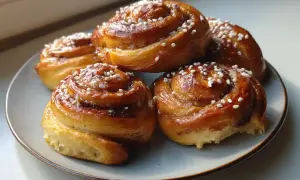 En tallrik med gyllene, nybakade glutenfria kanelbullar, toppade med pärlsocker. Perfekt för fikat!