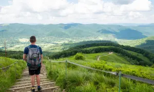 Mężczyzna z plecakiem schodzi po kamiennych schodach. Przed nim rozciąga się malowniczy szlak na Tarnicę, otoczony zielonymi wzgórzami i błękitnym niebem.