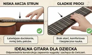 Dziecięca gitara z niską akcją strun i gładkimi progami ułatwia naukę gry na gitarze dla dzieci, zapewniając komfort i brak bólu palców.