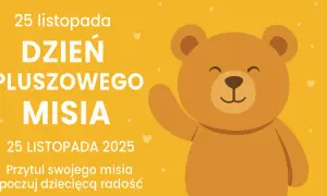 Uśmiechnięty pluszowy miś macha łapką na żółtym tle z napisem "Dzień Pluszowego Misia".