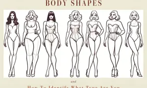 Illustrazione di sette figure femminili stilizzate che mostrano diversi tipi di fisico, con l'obiettivo di aiutare a identificare la propria forma corporea.
