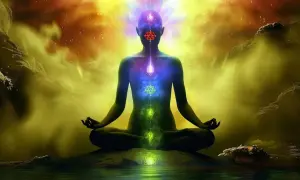 Sylwetka w pozie medytacyjnej, z rozświetlonymi czakrami i energią kundalini unoszącą się ku górze.