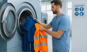 Pracownik wkłada do pralki odzież roboczą: niebieską kurtkę i pomarańczową kamizelkę odblaskową.