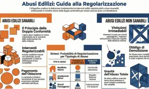 Infografica su abusi edilizi: distingue tra sanabili e non sanabili, evidenziando violazioni irrimediabili e l'obbligo di demolizione per **abusi edilizi non sanabili**.