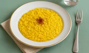 Cremiges, gelbes Risotto Milanese, garniert mit Safranfäden, auf einem weißen Teller mit goldenem Rand. Daneben eine Gabel und ein Glas Wasser.