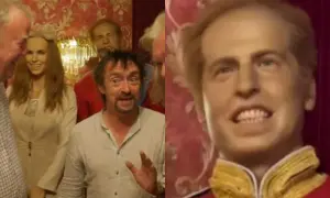 Wizyta w muzeum figur woskowych Kraków. Richard Hammond i Jeremy Clarkson podziwiają woskowe podobizny.