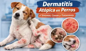 Perro con **piel atópica** sufre picazón intensa. Muestra enrojecimiento y lesiones cutáneas, indicando la necesidad de tratamiento.