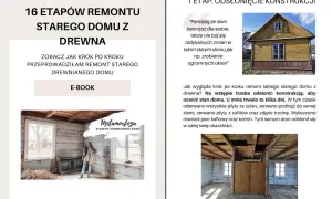Remont starego drewnianego domu: odsłonięcie konstrukcji. Wnętrze domu z widocznymi belkami stropowymi i ścianami.