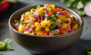 En skål med färgglad mango salsa, full av söta mangobitar, rödlök och koriander. Perfekt till grillat!