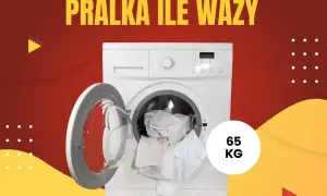 Biała pralka z otwartymi drzwiczkami i załadunkiem, obok napis "65 KG".