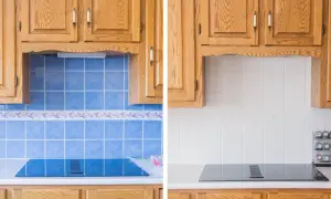 Prima e dopo: come coprire le piastrelle della cucina con un nuovo rivestimento bianco.