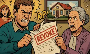 Famiglia in lite strappa un documento con la scritta "REVOKE", forse una revocatoria vendita tra parenti. Sullo sfondo, un quadro con una casa.